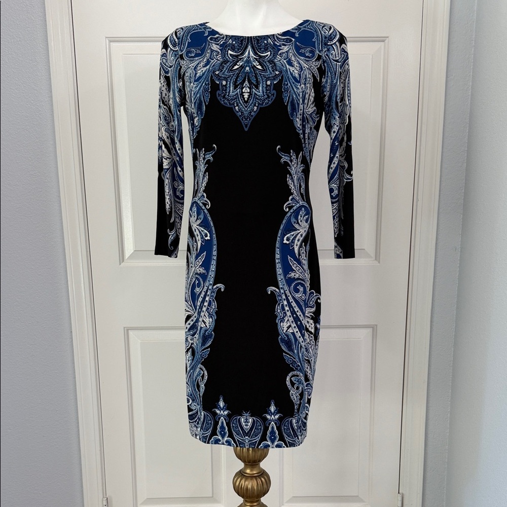 Cache Geometric Print Stretch Knit Black and Blue Long Sleeve Dress Size M